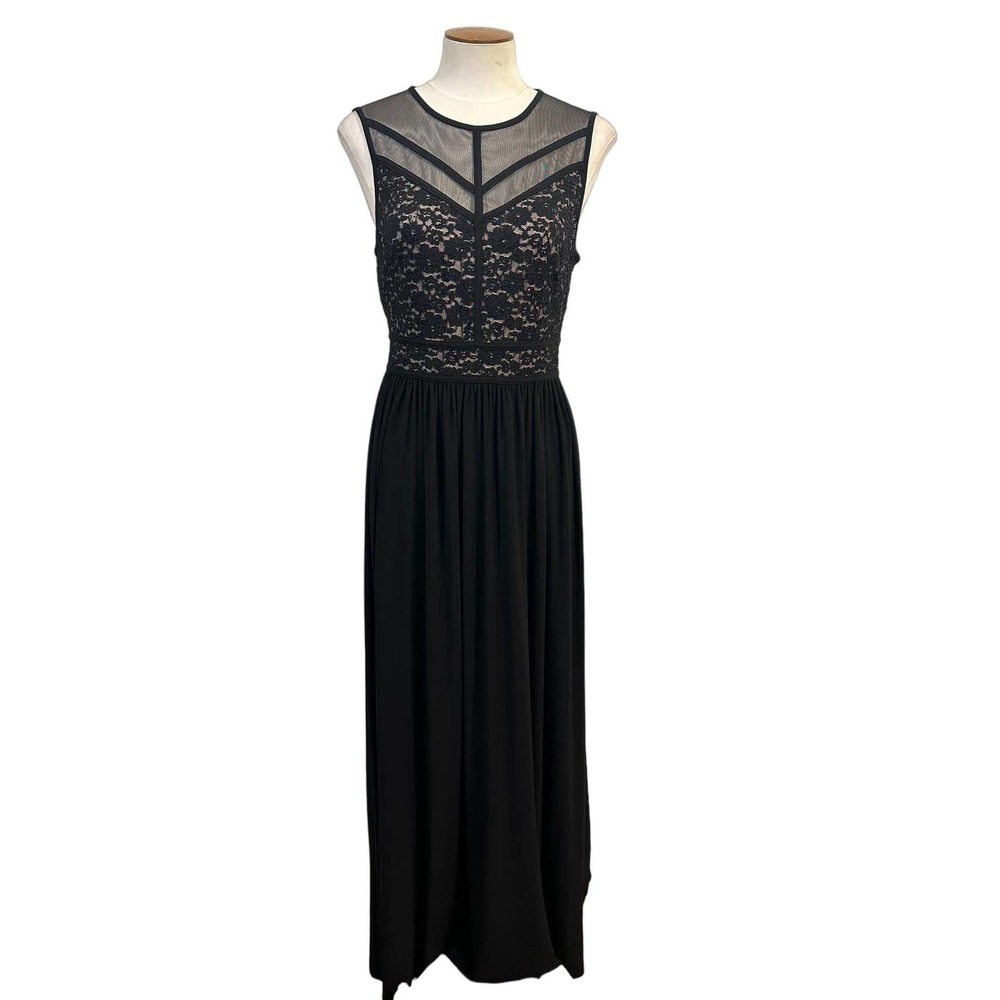 Nightway Black Tie Evening Gown Formal Maxi Dress Sz 8 Lined Mesh Lace Prom EUC